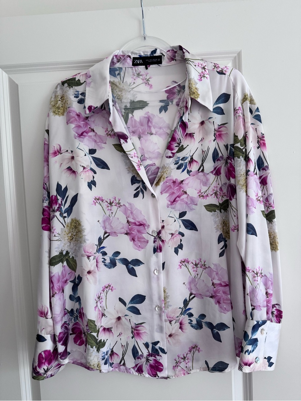 Zara White Button-Down Blouse with Pink & Green Floral Print